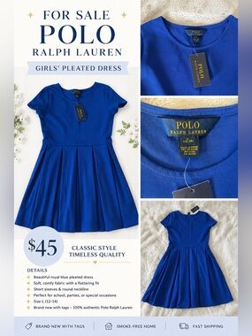 Polo by Ralph Lauren Girls' Royal Blue Pleated Dress